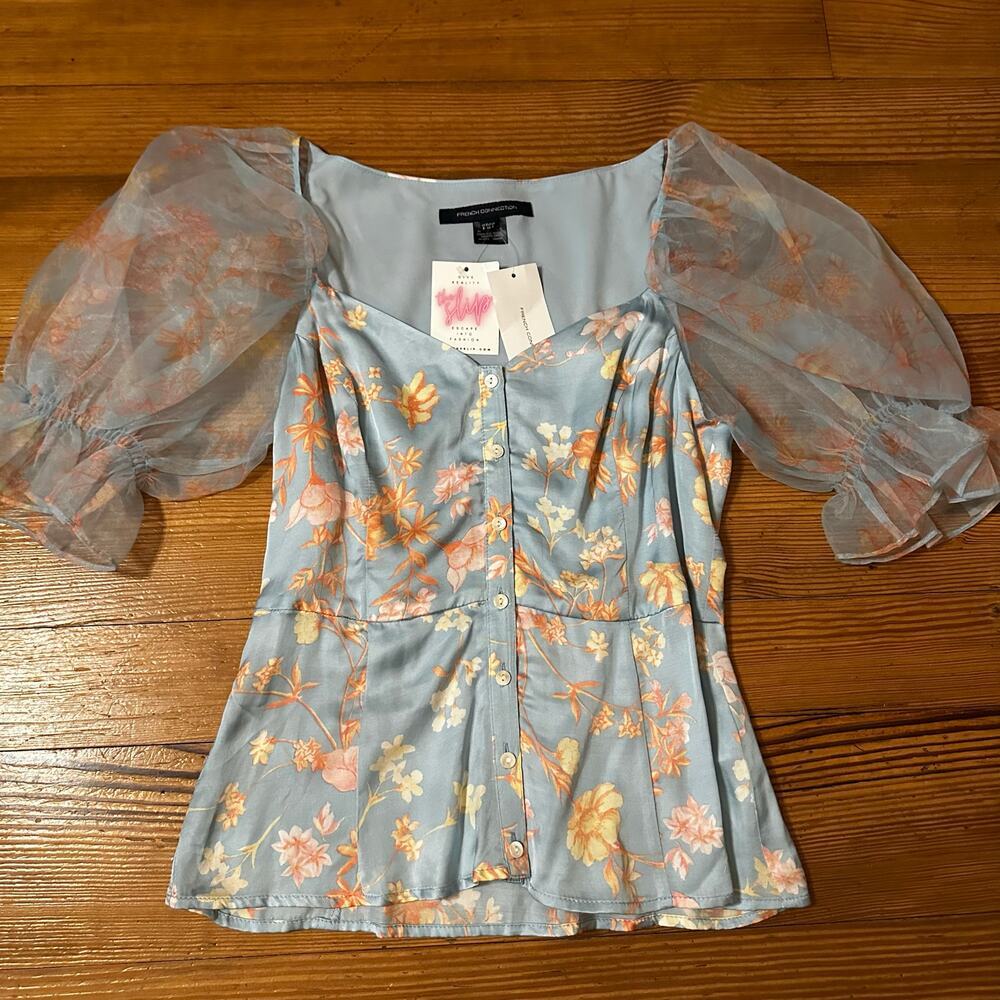 NWT French Connection‎ pastel blue Diana Drape puff sheer sleeve top SIZE 4